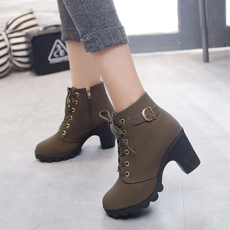 Fashion Women Boots Plus Size Ankle Boots Women Platform High Heels Lace Up Buckle Strap Shoes Thick Heel Short Boot Ladies