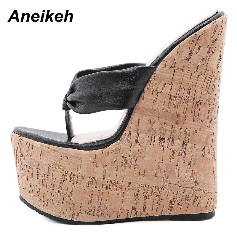 Aneikeh Summer Flip-flops Wedges Women's Shoes Fashion Classics PU Platform Head Peep Toe Thin High Heels Slippers Size 35-42
