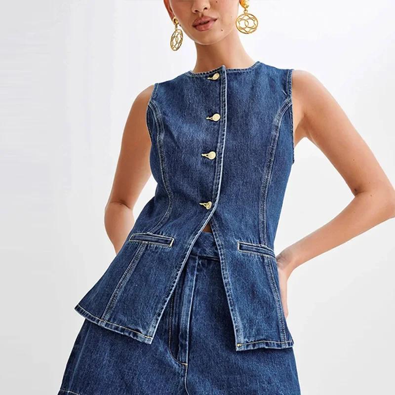 Denim Split Vest Shorts Set Women Single Breasted Sleeveless O-neck Top High Waist Short Pant Summer Lady Suit