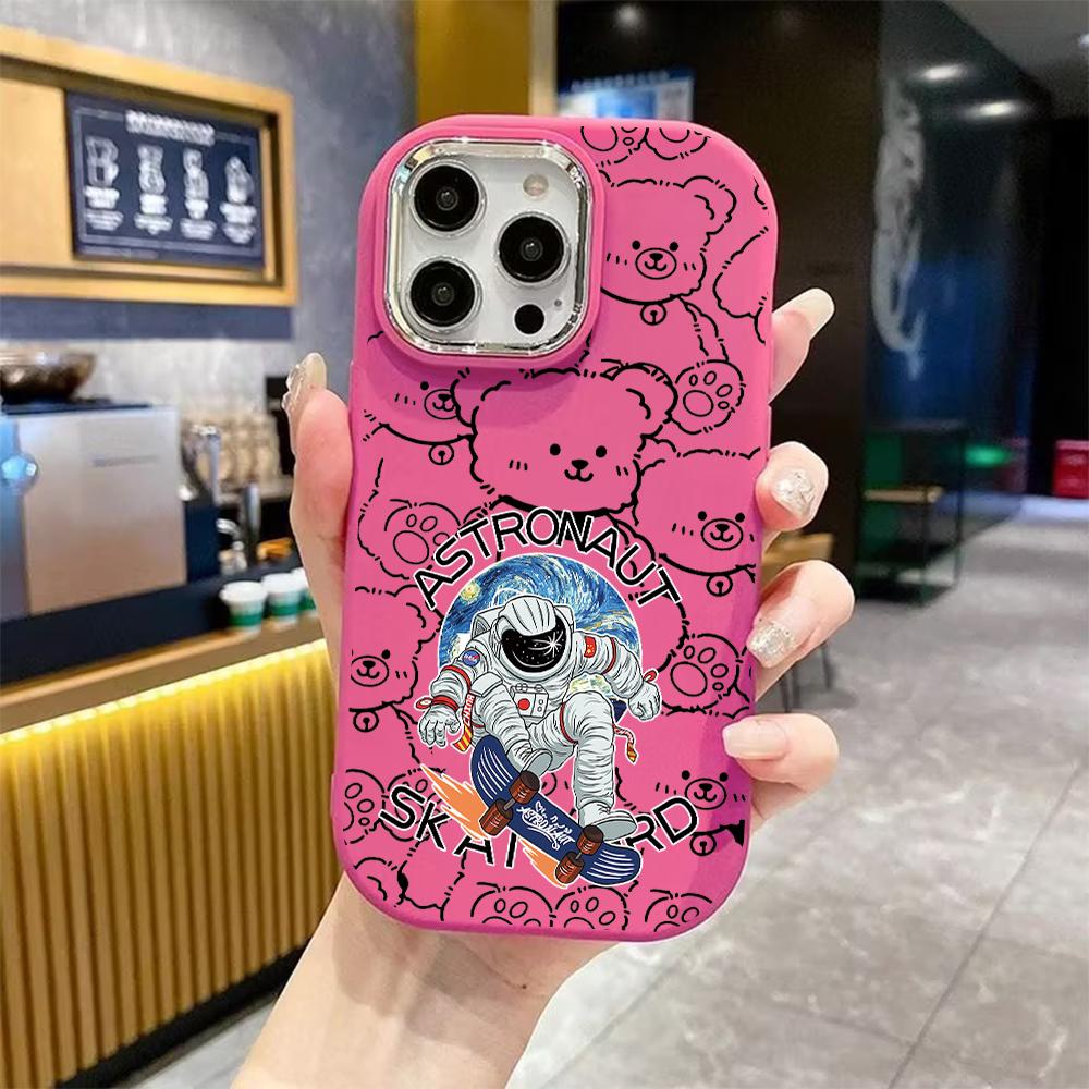 Phone Case: 2D flat design suitable for iPhone 18 17 16 15 14 13 Pro protective case, couple style, skateboard astronaut, Christmas and Halloween gift
