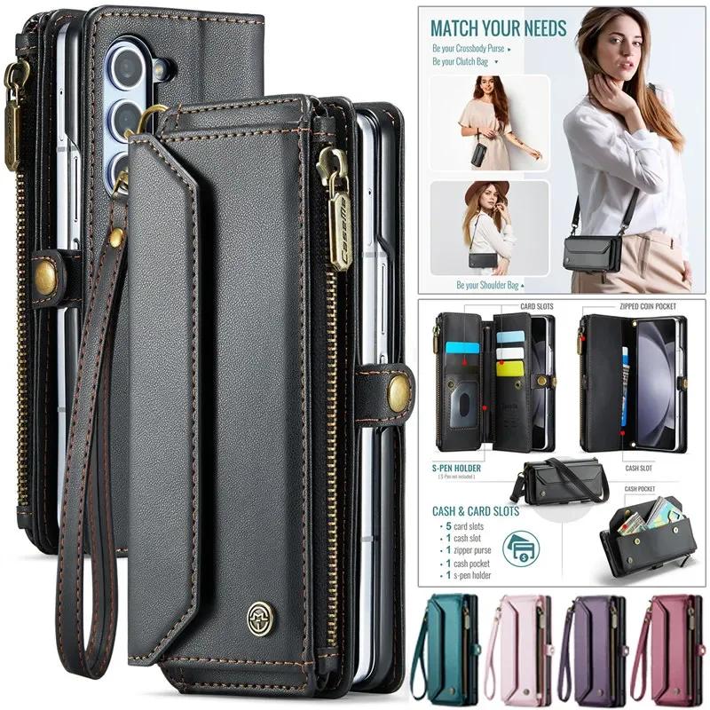 CaseMe Flip Leather Phone Case for Samsung Galaxy Z Fold 7 5G Fold 6 5 4 3 S25 Edge S24 FE S23 S22 S21 S20 Plus Note 20 Ultra Zipper Wallet Card Cover
