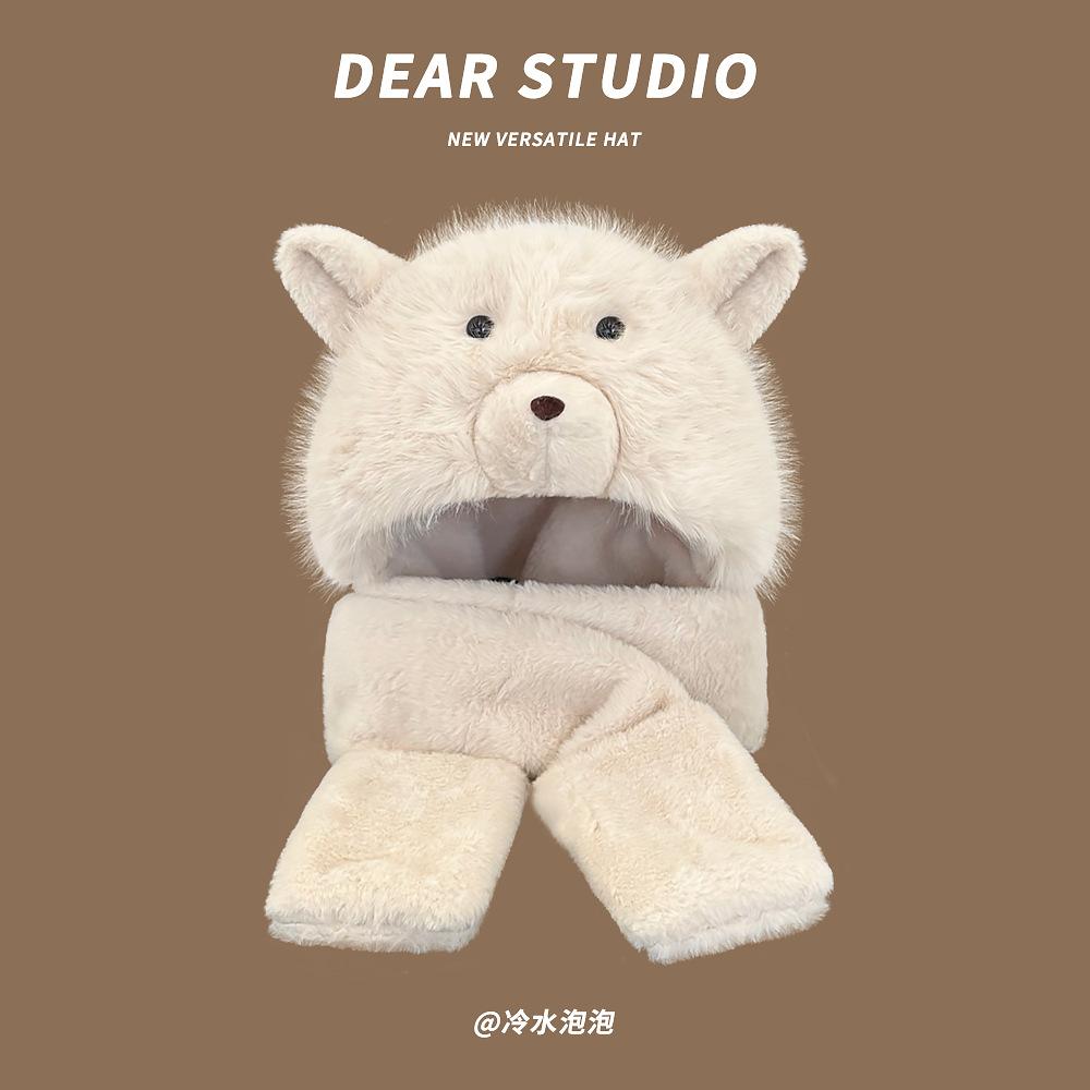 Шарф Перчатки Шапка Набор из трех предметов Маленький медвежонок Милый Зимняя Плюшевая Шапка Женская Плюс Бархат Утолщенная Холодная Теплая Шапка