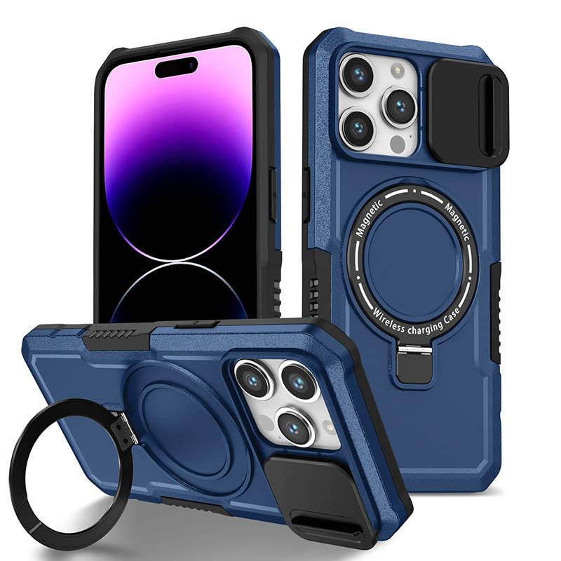 Armor Stand Holder Full Slide Cap Phone Case For IPhone 15 14 13 12 11 Pro Max Plus Magsafe Wireless Charge Magnetic Cover