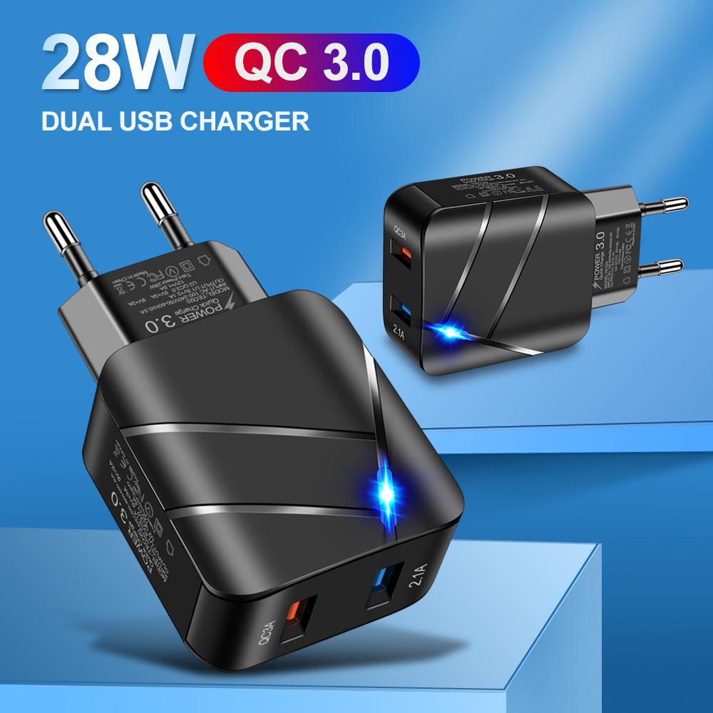 Светящийся двухпортовый USB-быстрозарядное устройство QC3.0+2.1A для стандартов США/ЕС
