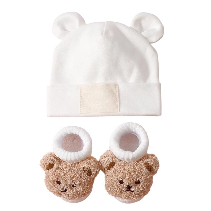 Дышащая детская шапка и носки с ушками Эластичная смесовая ткань Хлопок и Полиэстер Нежное воздейжение на чувствительную кожу Надежная посадка для младенцев
