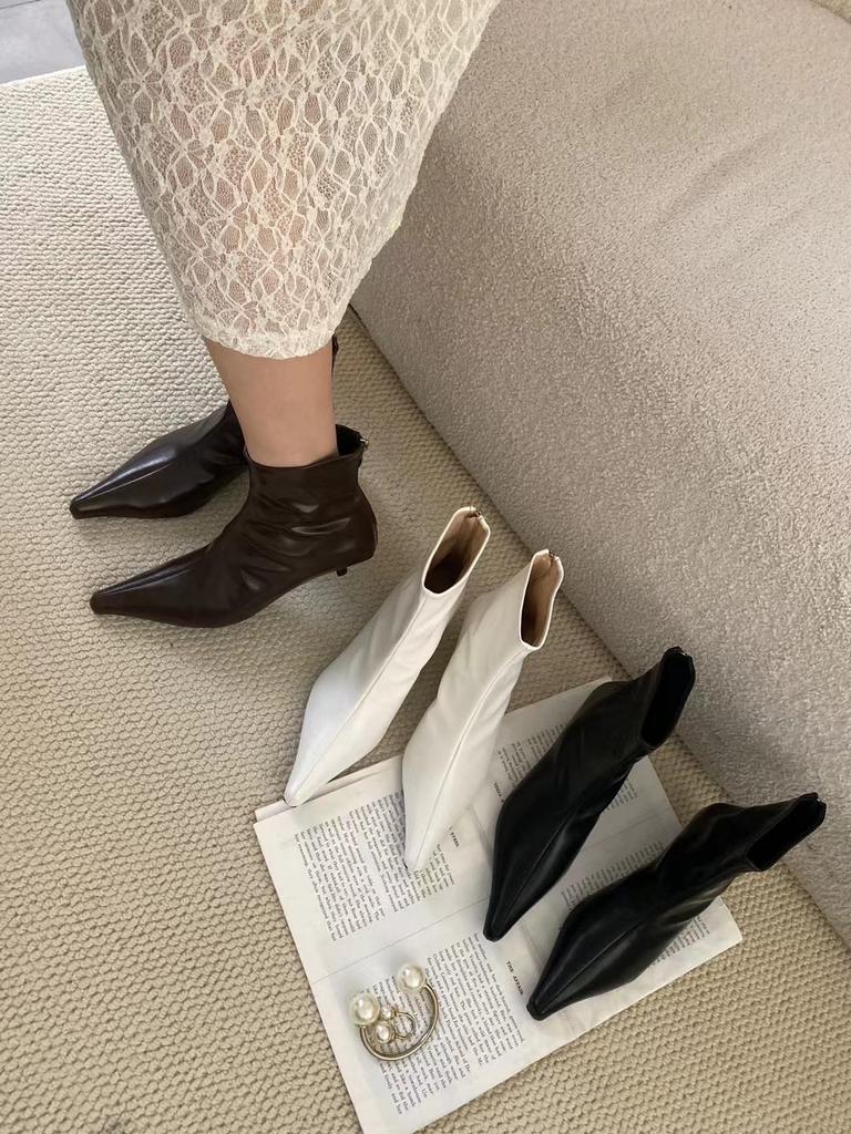 Fashion Fashion Women Ankle Boots Pointed Toe Chelsea Botas Thin Mid Heels Black White Brown Back Zipper Fashion Pumps Shoes Woman  39