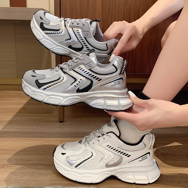 Fashion Women's Chunky Sneakers Breathable Mesh Leather Platform Shoes Mixed Colors Lace-Up Trendy Trainers Thick Sole Shoes for Women