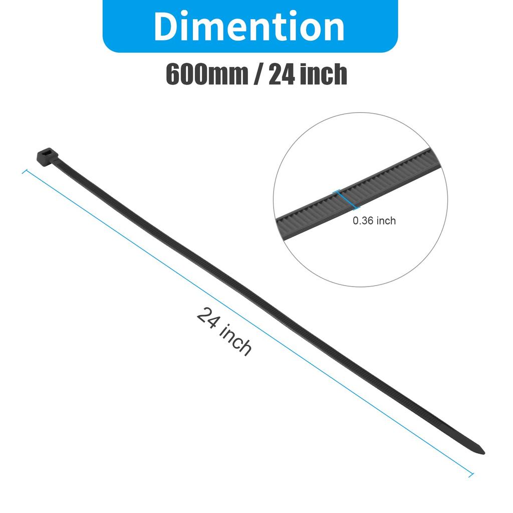 XINGO 24-inch Black Long Zip Ties, Heavy Duty, 100-Piece Set, 200 lbs, Super Strong Plastic Wire Ties, Large Cable Ties, Extra Long Tie Wraps, UV