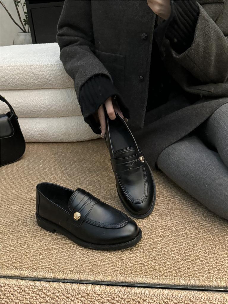 Small Leather Shoes Women's 2025 Spring New Round Head Retro Commuting One-pedal Thick-heeled Loafers