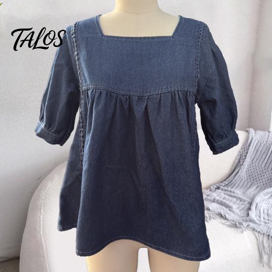 Женская мягкая джинсовая блузка-рубашка, квадратный вырез, короткий рукав, пуловер, легкая повседневная рубашка, свободный крой, летний стиль для повседневной носки