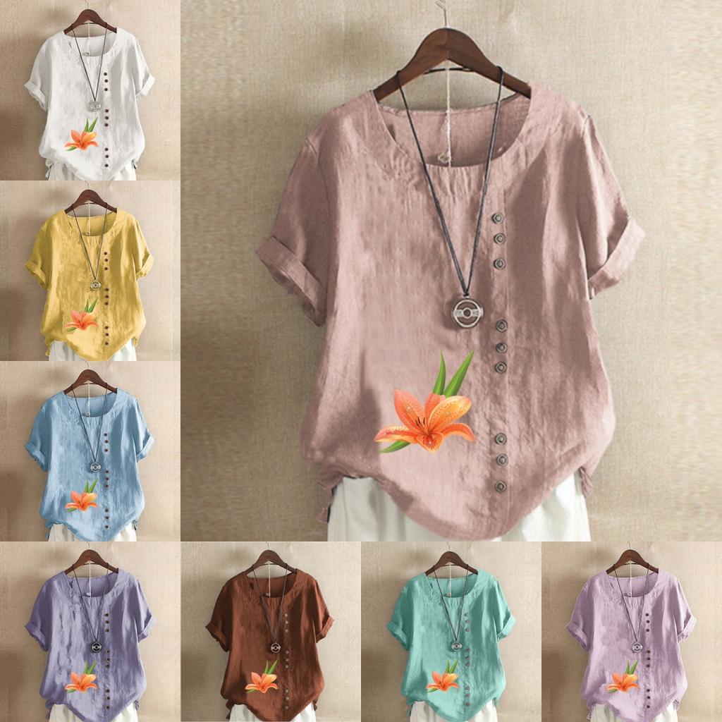 Women's Fashion Round Neck Short Sleeve T-shirt Casual Cotton Linen Graphic Shirt Flower Prined Summer Blouse Tops Plus Size