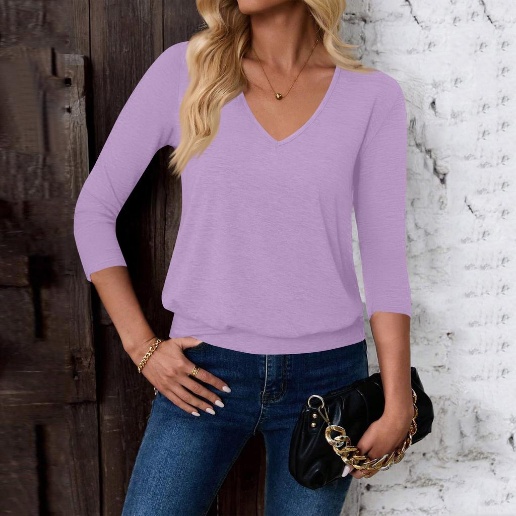 Women's Fashion Casual V-Neck Three-Quarter Sleeve Solid Color Top