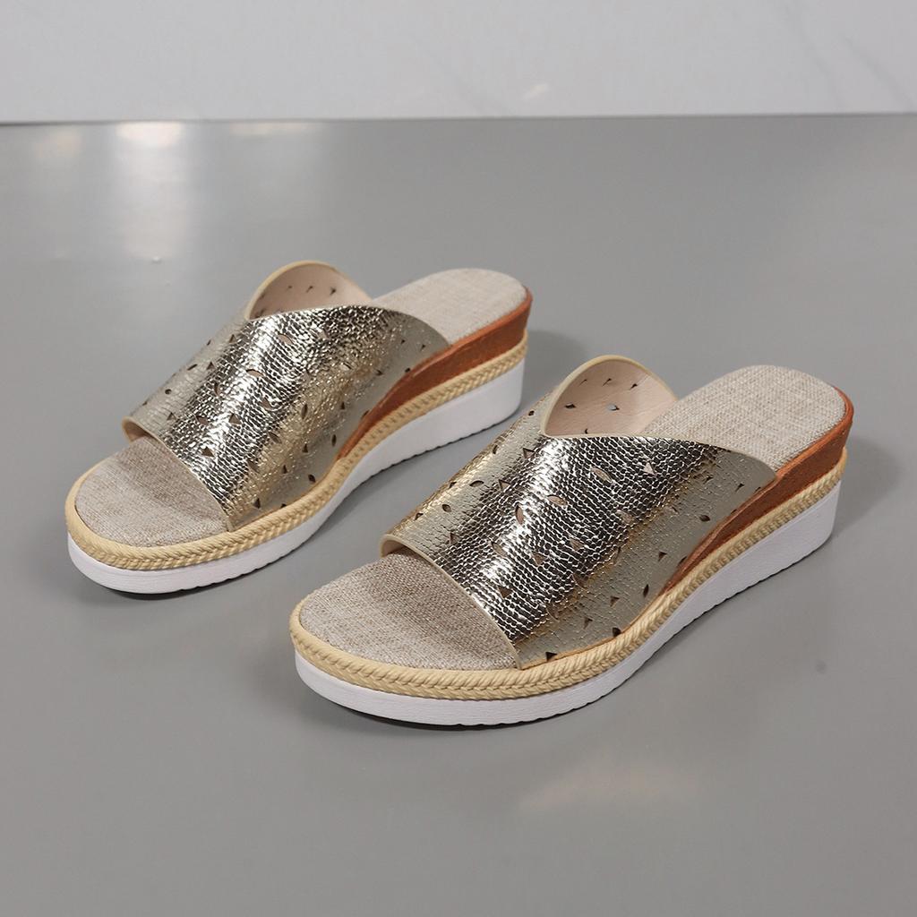 Швейная строчка рыбий рот танкетка классные тапочки полый танкетка каблук женские тапочки большого размера размер 43