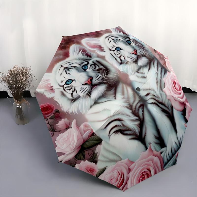 1pc White Tiger Roses Floral Artwork Umbrella with Plastic Handle,Suitable for All Seasons Home Travel Outdoor UmbrellaDD038