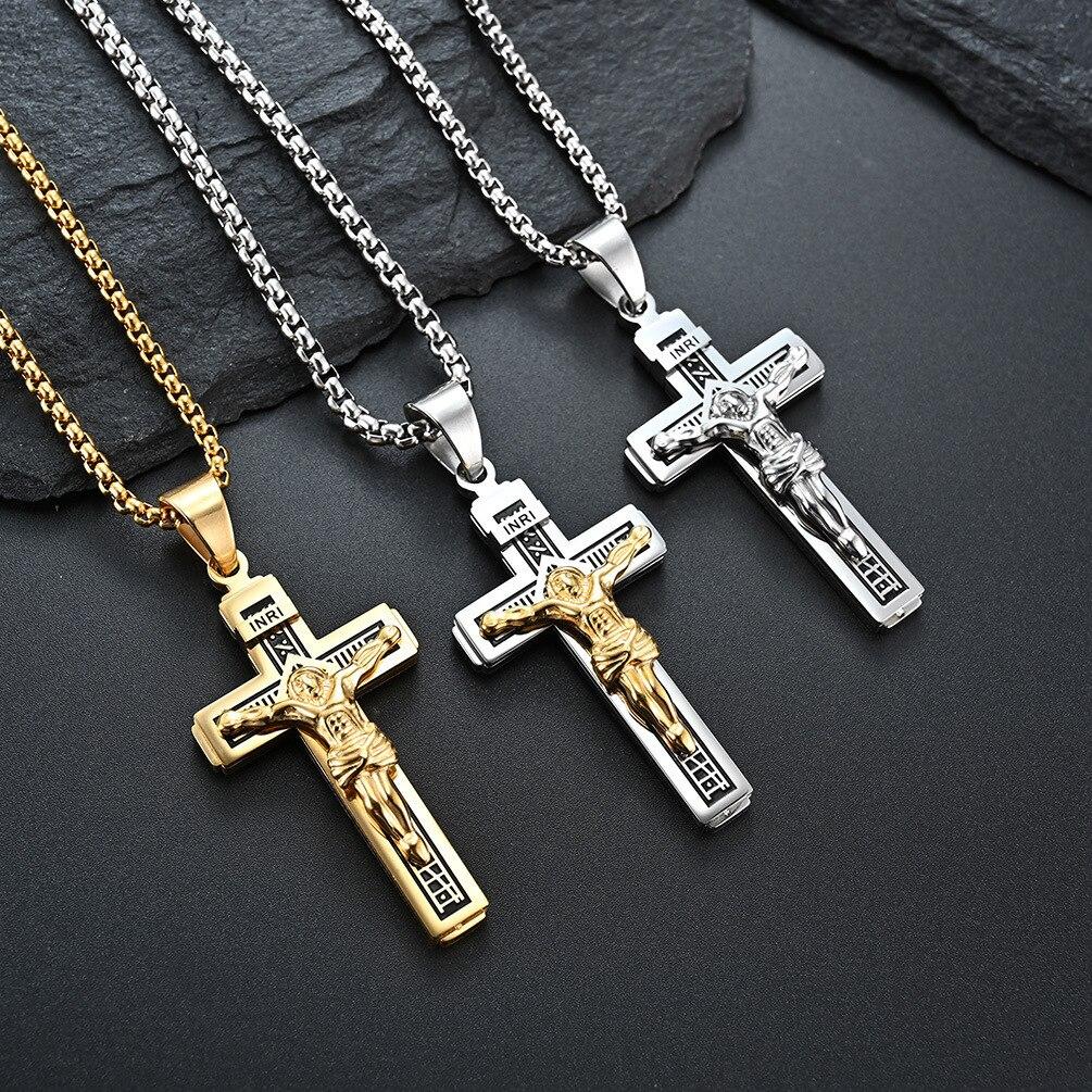 Personality Jesus Cross Necklace for Men Charm Stainless Steel Jesus Prayer Male Christian Collar Lucky Accessories