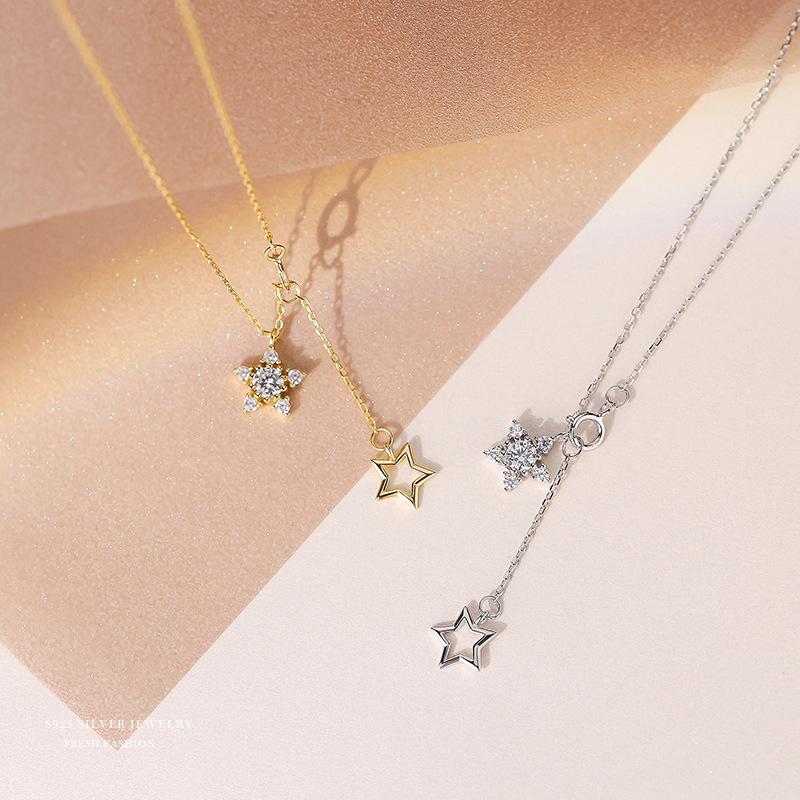 925 Sterling Silver 14k Gold Plated Zircon Necklace for Women Star Double Pendant Clavicle Chain Simple Temperament Jewelry