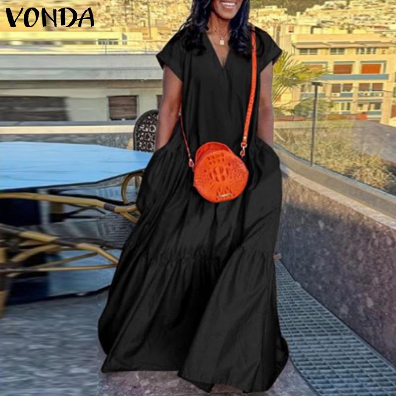 VONDA Women Summer V-Neck Short Sleeve Layered Dresses