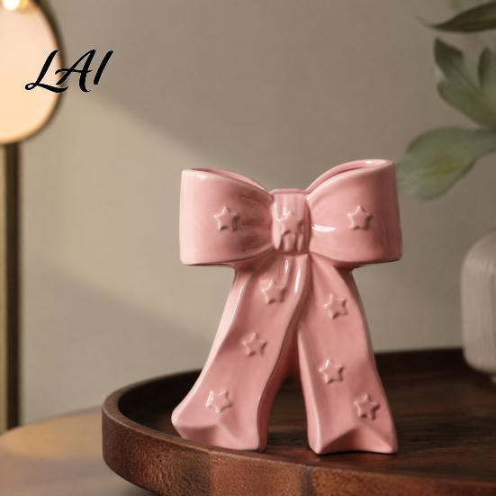French Style Bow Vase Ceramic with Star Decorative Flowers Vase Creative Flower Chic Room Decor Gifts Arrangement Holder for Living Table