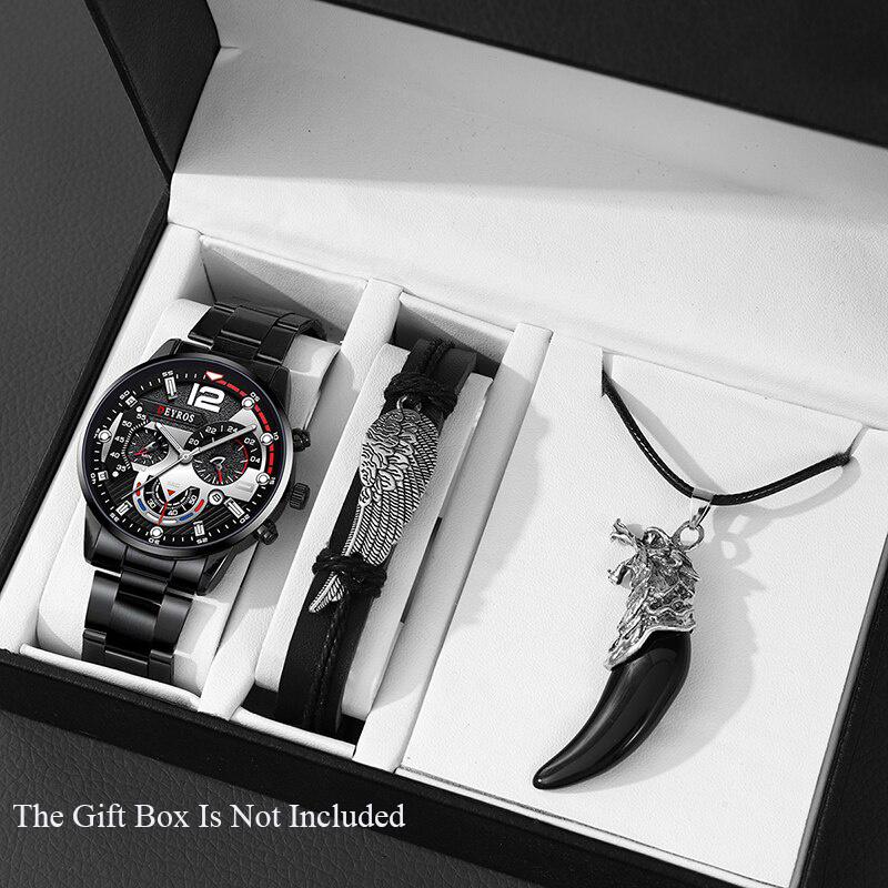 3pcs/set Men'sBusiness  Alloy Stainless Steel Pointer Quartz Wrist Watch & Bracelet Necklace Set