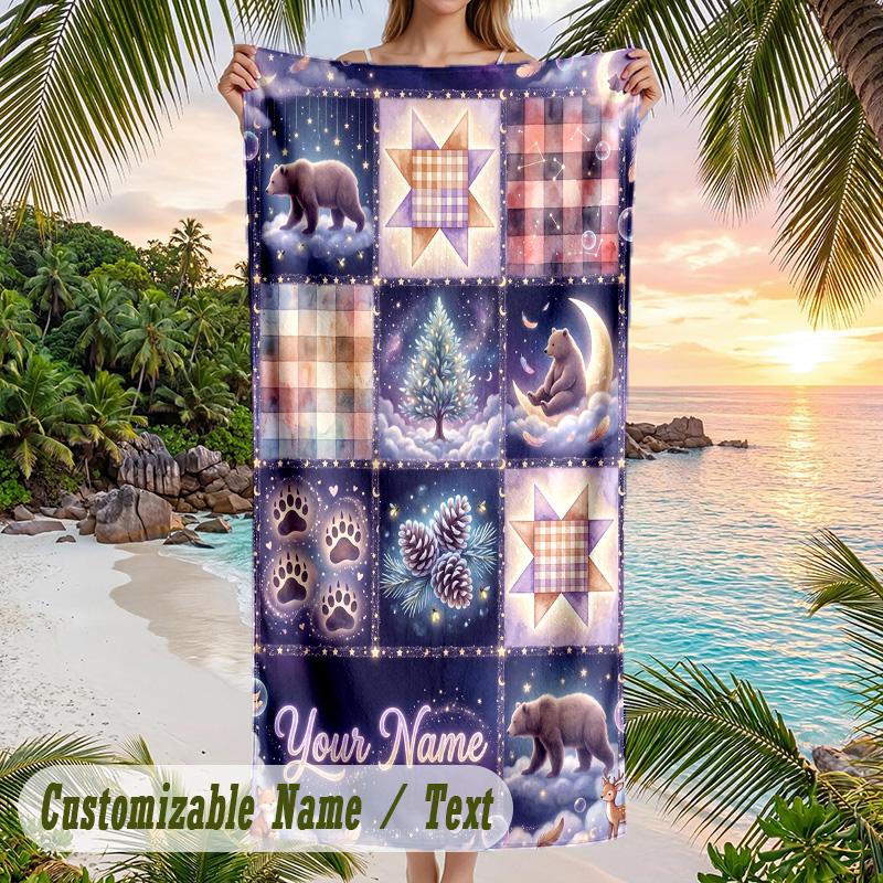 Teddy Bear Theme Beach Towel Personalized Custom Name & Text Soft Quick Dry Beach Towel for Swimming Travel