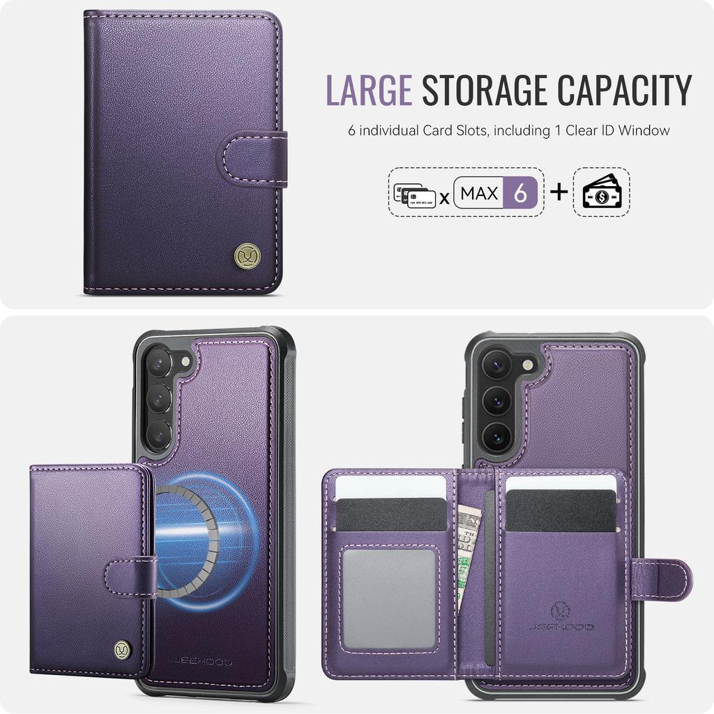 For Samsung Galaxy S23 Case JEEHOOD J09 RFID Blocking Card Holder Leather Back Phone Cover Magnetic Case