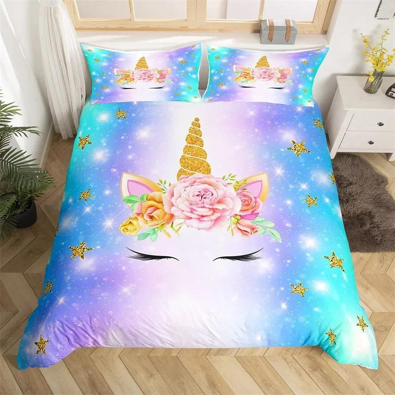 Cartoon Unicorn Duvet Cover Set Smile Eyelash King Bedding Set For Girls Woman Microfiber Mermaid Scale Floral Comforter Cover