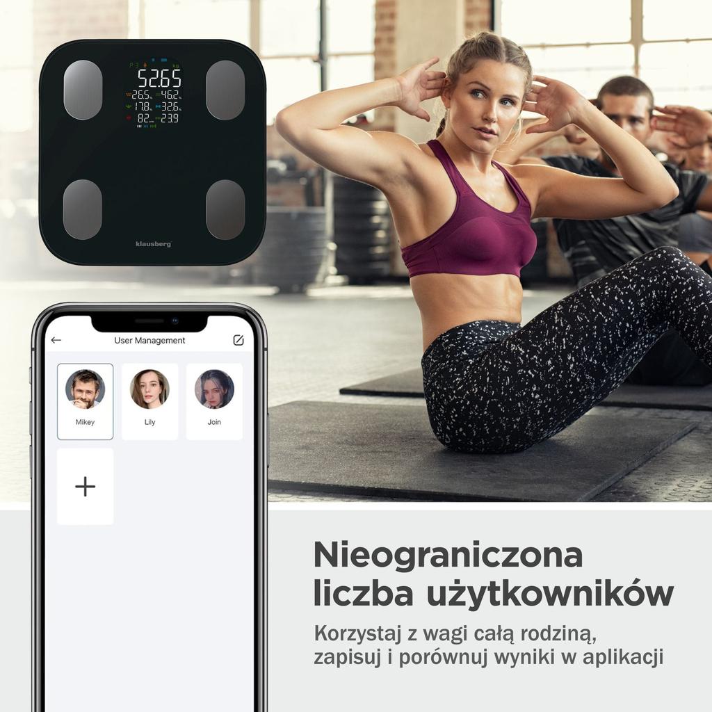 Waga łazienkowa z pomiarem tkanki tłuszczowej i składu ciała, Smart, BT,  KLAUSBERG KB-7854 czarna
