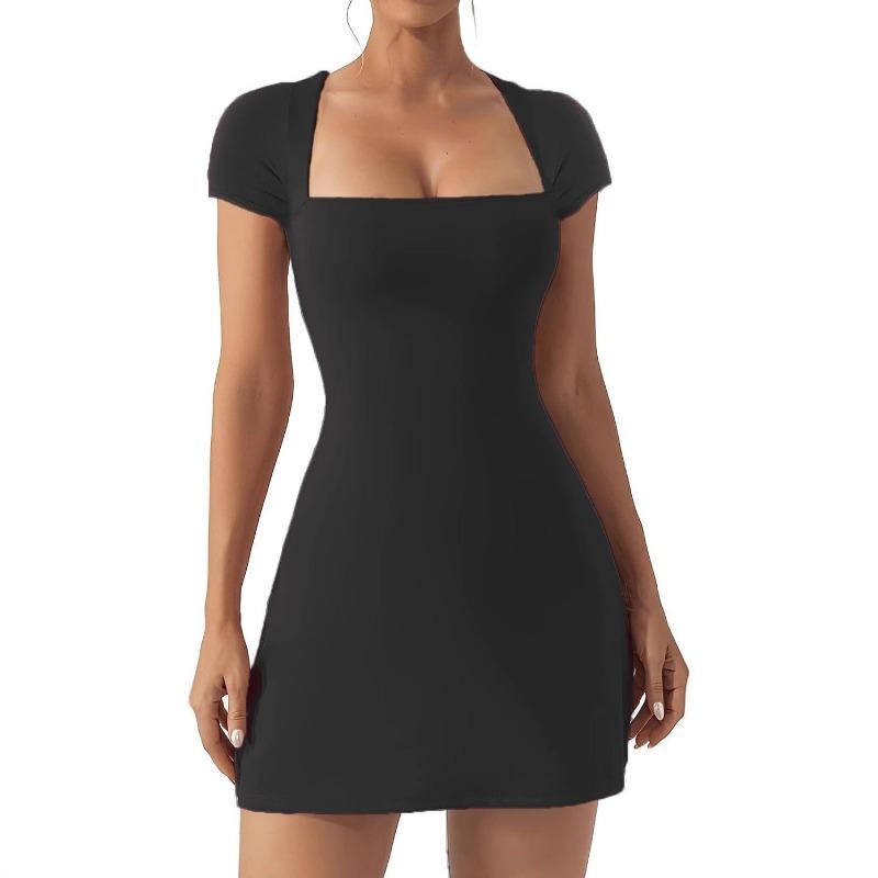 Новые женские платья А-силуэта, однотонные, с U-образным вырезом, из парусины, с зауженной талией, эластичные платья