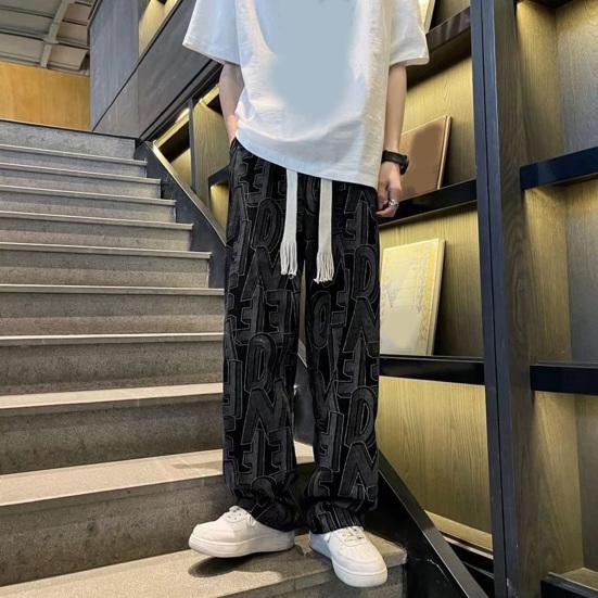 Men Pants Elastic Waist Adjustable Drawstring Wide Leg Casual Trousers with Pockets Letter Print Corduroy Pants