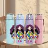 1PC Fashion Curly Black Girl Cartoon Pattern 750ml Color Plastic Sports Water Bottle Leakproof Flip Straw Lid Suitable for Sports Office Home Use
