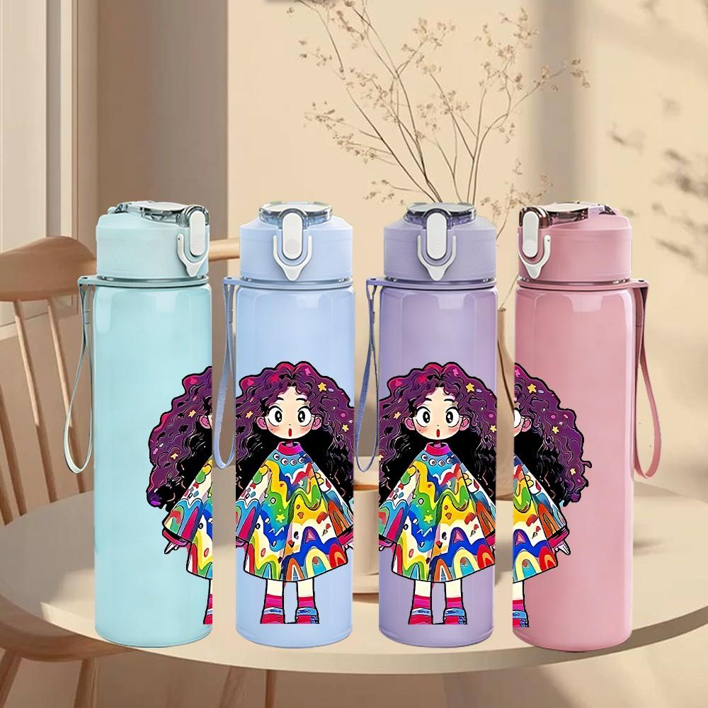 1PC Fashion Curly Black Girl Cartoon Pattern 750ml Color Plastic Sports Water Bottle Leakproof Flip Straw Lid Suitable for Sports Office Home Use