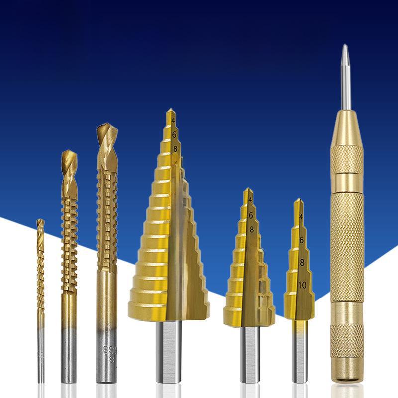 High-speed Steel 7-piece Step Drill Set with Slot Saw, Center Punch, Triangular Handle - Perfect for Woodworking Projects.