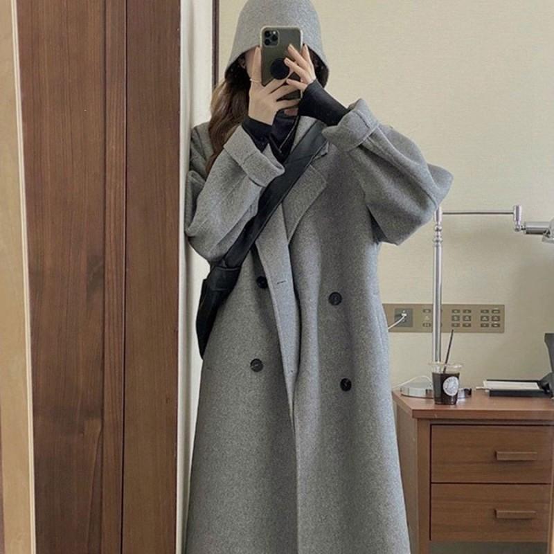 Womens Oversized Knee-Length Wool Blend Coat In Oatmeal Color Fall Winter Lightweight Chic Outerwear