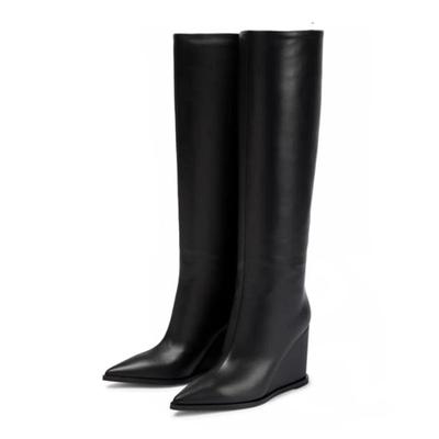 Осенне-зимняя обувь из коровьего спилка на высоком каблуке на танкетке, большой размер 46, женские теплые сапоги до бедра