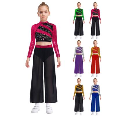 Комплект для танцев из двух частей для девочек: кроп-топ с пайетками с длинными рукавами и воротником-стойкой, вырезом на спине и широкими шифоновыми брюками