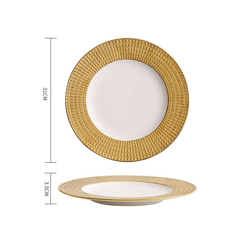 Рельефная текстурированная керамическая мелкая тарелка, белая золотая тарелка для стейка, тарелка для пасты, десертное блюдо, тарелки для закусок, креативная посуда для отелей