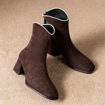 Женские ботильоны до бедра на блочном каблуке с бисером, зимние, новые, с квадратным носком, замшевые, на задней молнии, нескользящие туфли-лодочки