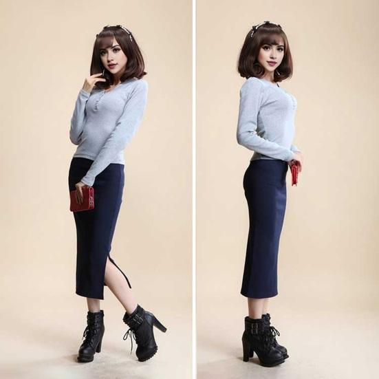 Women Midi Skirt Mid-rise Back Split Design Solid Color Knitting Skirt Hip Wrapped Office Lady Skirt
