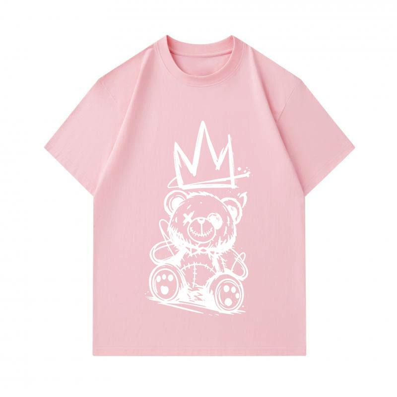 Men's 100% Cotton Crew Neck Short Sleeve T-Shirt, Hand Drawn Stitched Teddy Bear with Crown Print Casual Comfortable Streetwear Top for Daily Wear