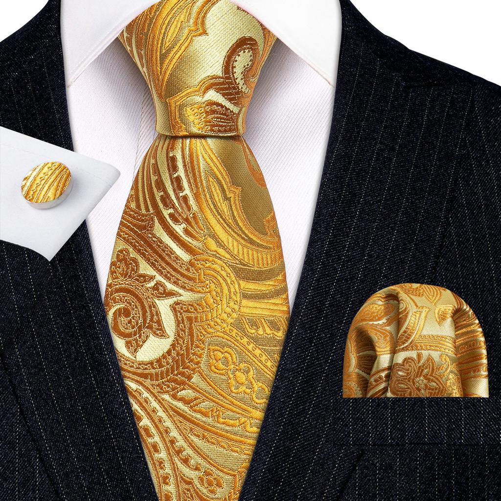 Barry.Wang Mens Ties Fashion Paisley Jacquare Silk Hanky Cufflinks Neckties Set Formal Casual