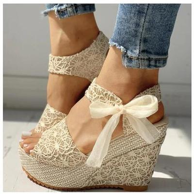 Горячие Повседневные Кружевные Женские Туфли на Танкетке с Каблуком Летние Сандалии для Девочек Вечерние Туфли на Платформе на Высоком Каблуке Танцевальные Туфли