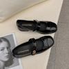 Women's 2025 Fashionable Sheepskin Gold Buckle Round Toe Shallow Cut Flat with Thick Heels Mary Jane Single Shoes