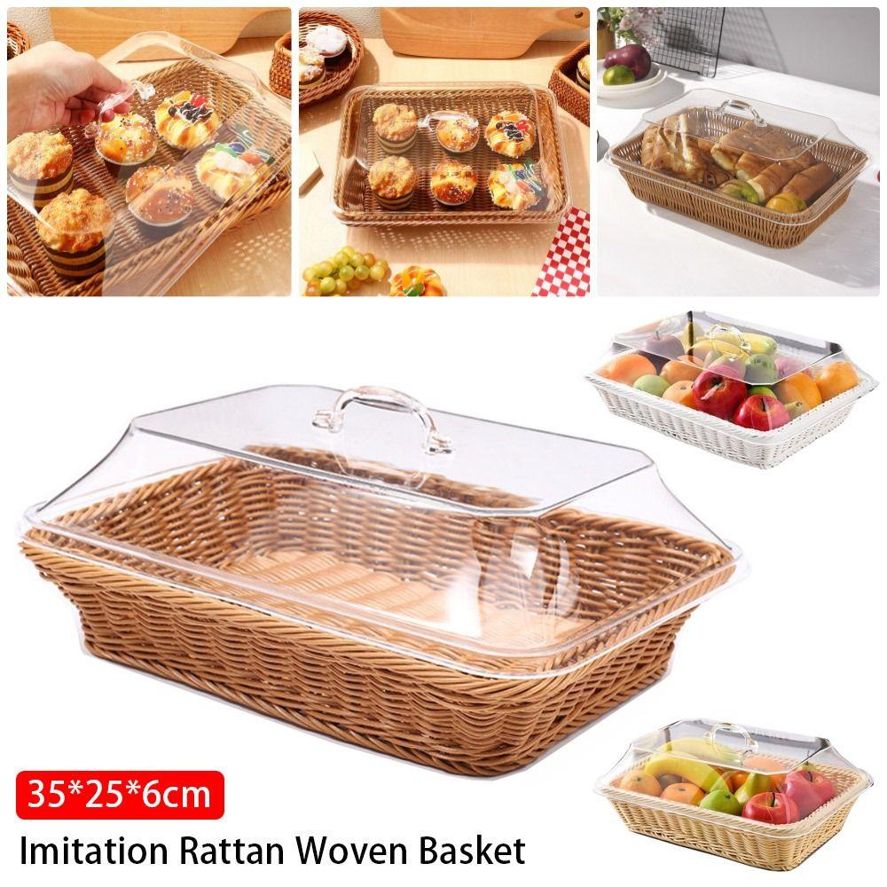 1Pcs Imitation Rattan Woven Basket Lid Transparent Vegetable Bread Serving Food Serving Basket Tabletop with Acrylic Lid