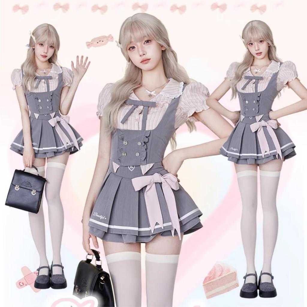 Набор формы Ligwon Gothic Lolita JK с мини-юбкой розового цвета в стиле Харадзюку, корейской, рождественской, женской, серого цвета, стиль, стиль, весна, лето, осень, Хэллоуин,