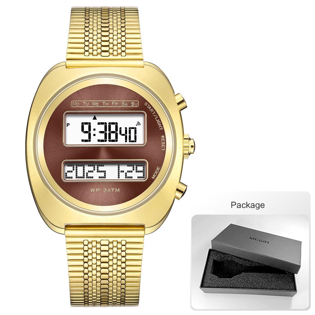 Unisex Retro Fashion Digital Watch with Year Month Date Dual-Screen Luminous Backlight Wristwatch with Stainless Steel Strap Men