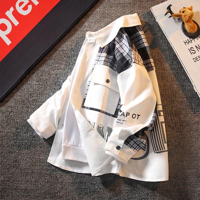 Spring and Autumn Boys Long-sleeved Shirt Plaid Shirt Kids Street Coat