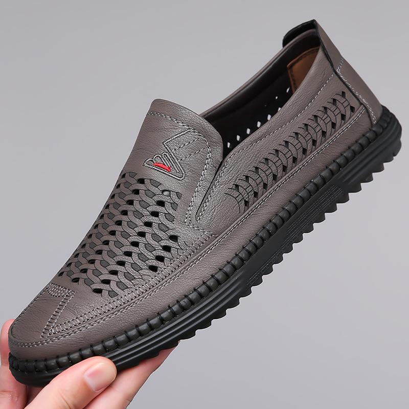 2024 Summer Shoes for Men Leather Sandals Breathable Hollow Out Slip-on Loafers Leather Casual Shoes