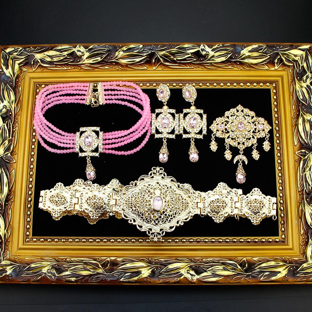 Gold Color Waist Belt Bead Choker Necklace Square Earring Brooch Arabic Bride Jewelry Set For Women