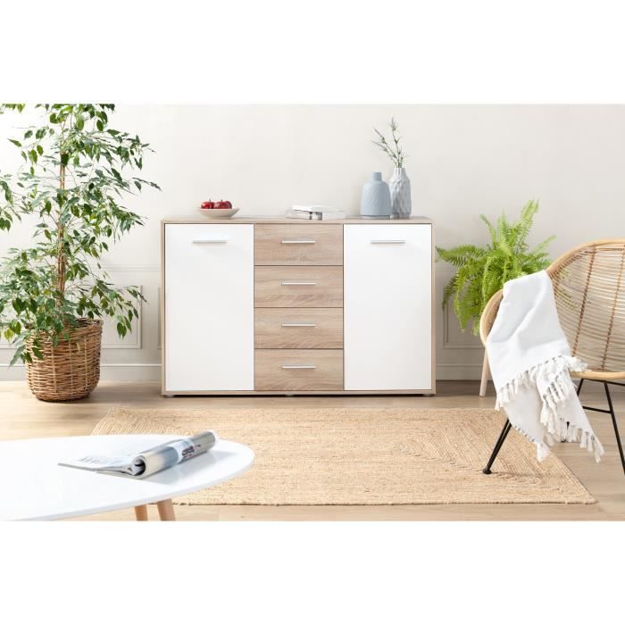 Buffet bas PILVI - 2 portes et 4 tiroirs - Blanc et chêne sonoma - L 122,6 x P 34,2 x H 81,1 cm