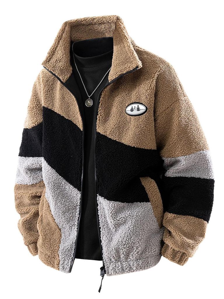 Мужская куртка из ягнячьей шерсти в стиле колор-блок со стойкой – Толстое осенне-зимнее универсальное пальто для пар